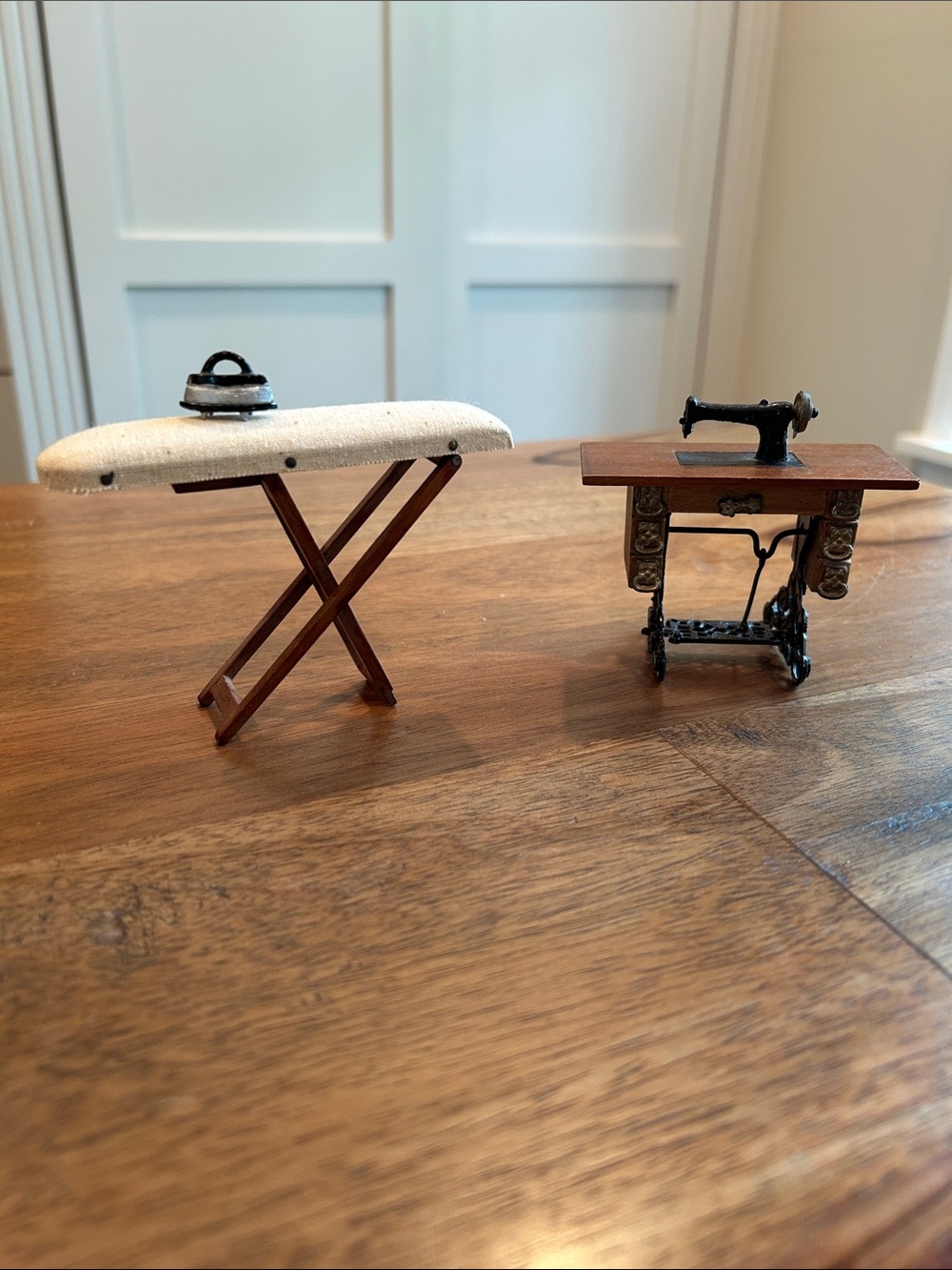 Vtg Sewing Machine & Folding Ironing Board with Iron, Dollhouse Furniture